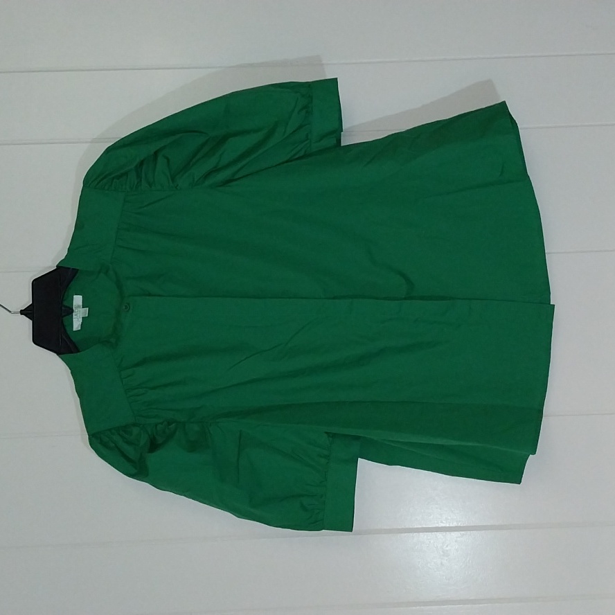 Jade Melody Tan Green Top Puff Sleeves Large